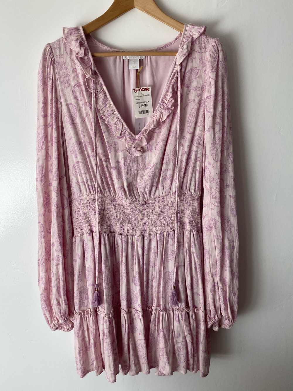 House of Harlow 1960 Pink Paisley Ruffled V-Neck Mini Smocked Dress Sz L Women’s